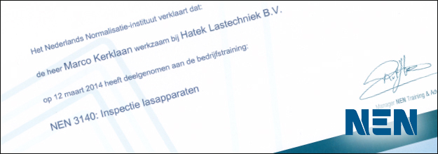 Hatek als eerste “NEN 3140: Inspectie Lasapparaten” gecertificeerd